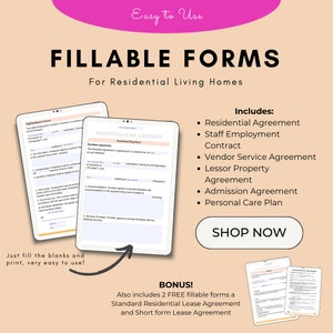 Puede incluir: Un gráfico rosa y blanco con el texto "Easy to Use" y "FILLABLE FORMS For Residential Living Homes". El gráfico muestra dos maquetas de formularios rellenables, uno titulado "Staff Employment Contract" y el otro titulado "RESIDENTIAL LEASE AGREEMENT". El gráfico también incluye una lista de formularios incluidos en el paquete, como "Residential Agreement", "Staff Employment Contract", "Vendor Service Agreement" y "Personal Care Plan". El gráfico también incluye un botón "SHOP NOW" y una sección "BONUS!" que indica "También incluye 2 formularios rellenables GRATIS un contrato de arrendamiento residencial estándar y un contrato de arrendamiento corto".