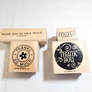 Timbri in gomma vintage a tema "Grazie mille", "Merci", "Grazie mille", "Pergamene di ringraziamento invertite" **Vedi descrizione per le dimensioni