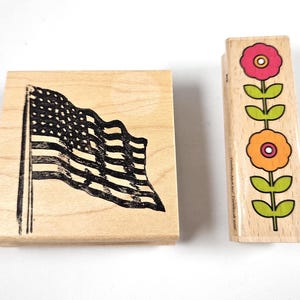 "Frühlings-Thema und Landstempel Gummistempel, Blumen 1"x3" Neu, Flagge 2 1/2x2 1/2" Gebraucht."