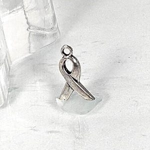May include: A small, silver-toned metal charm shaped like a awareness ribbon. The charm features a smooth, slightly reflective surface with a circular loop at the top for attachment. The design is simple, featuring the classic looped ribbon form.