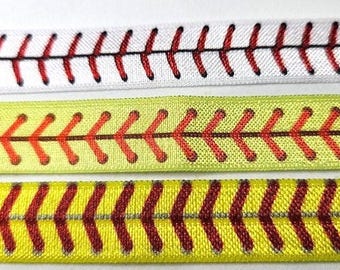 FOE Fold Over Elastic 5/8" FOE elastic, Hair Bands, Hair Ties, Bracelets , wrist bands, elastic - Soccer, Soft Ball - Yellow Red Stitch
