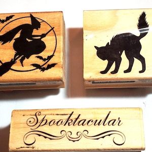 Halloween Themed Rubber Stamps, Witch on Broom 2&quot;x2&quot;, Black Cat 2&quot;x2&quot;, Word &quot;Spooktacular&quot; 1&quot;x3&quot;,  All slightly used