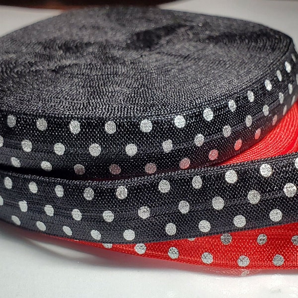 FOE Fold Over Elastic 5/8" FOE elastic, Head Bands, Hair Ties, Bracelets ,elastic, wrist band - Red Silver Dots - Black Silver Dots FOE