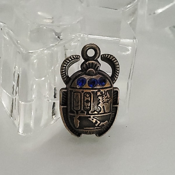 1 PC Egyptian Scarab-Beetle Charm - Egyptian Design with Blue Sapphire Rhinestone Crystals -Charms / Pendants, Copper Tibetan Silver-25x16mm