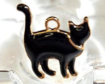 BULK 20 pc Black Cat Enamel Charms, Gold Trim Kitten Pendants, Zinc Alloy (16x17mm)