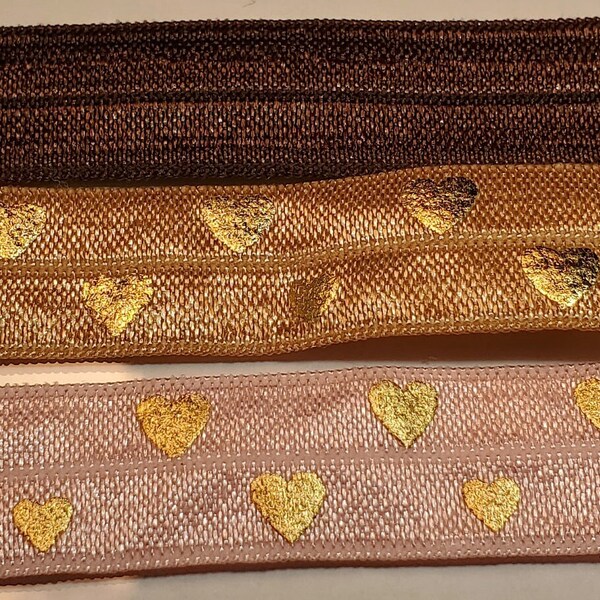 FOE Fold Over Elastic 5/8" elastic, Head Bands, Hair Ties, Bracelets, wrist band - Pink Gold Hearts - Champagne Gold hearts - Coffee Brown
