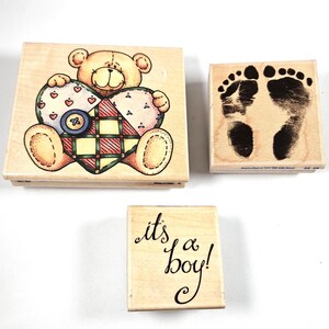 Baby and Inspiration Themed Rubber Stamps, It's a Boy! 1 3/4"x 1 3/4" Used, Baby Foot Prints 2 1/4"x21/4" Used;  Teddy Bear 3" x 3 1/2" Used