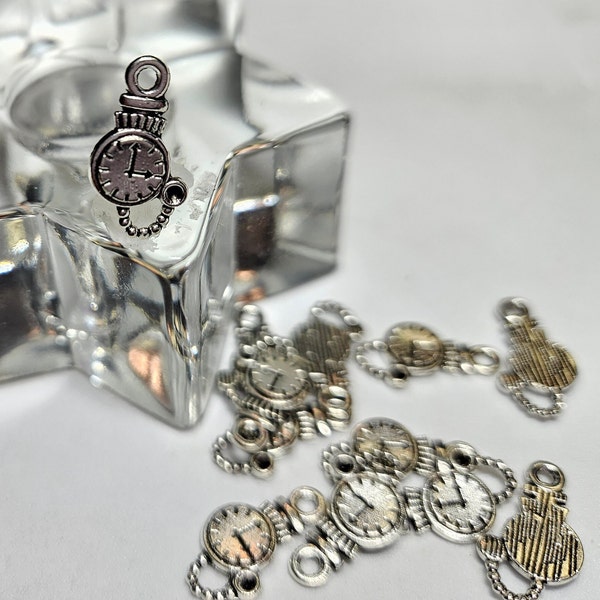 Petite Pocket Watch Charm, White Rabbit Charm, Alice Wonderland Charm, Rabbit's Watch Charms Charms/Pendants  9x16mm 4, 6, 10, 20pc lots,