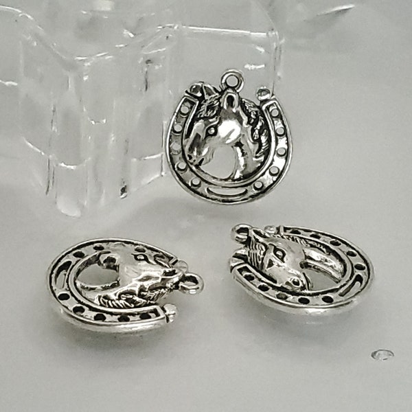 Horseshoe Charms, Horse Head Profile, Western Charm, Cowgirl Charm, Cowboy Charm,  Charms/Pendants  2, 6, 4, 10, 20pc lots  19x21mm