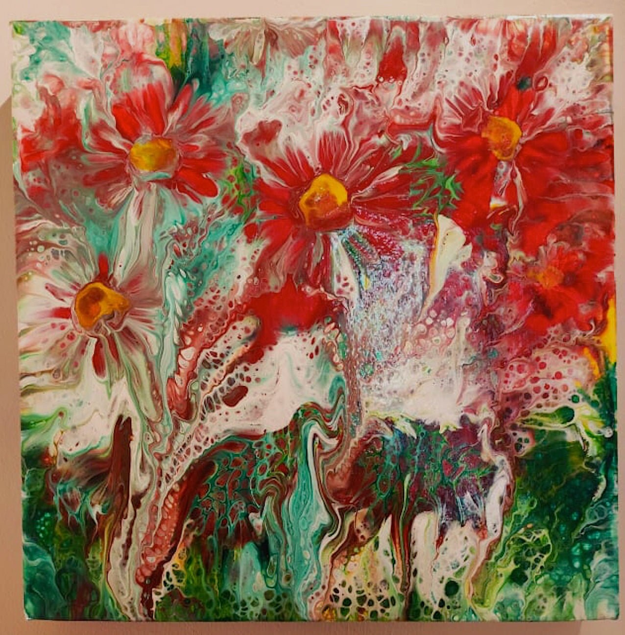 White & Red Daisies - 2018 Acrylique sur Toile 30x30 Résinée