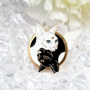 Yin Yang Enamel Pin , Halloween Pin, Witch Cats Enamel Pin , Black and White Cats Enamel Pin , Goth Enamel Brooch , Celestial Cats Pin