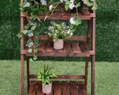 Rustic Wooden Folding Plant Stand Slat Bottom Elevated Vertical Design
