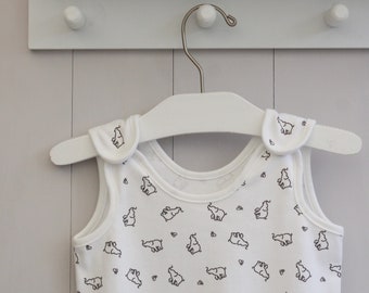 Elephant Baby Romper Dungaree in White - Organic Cotton Gift for Newborns