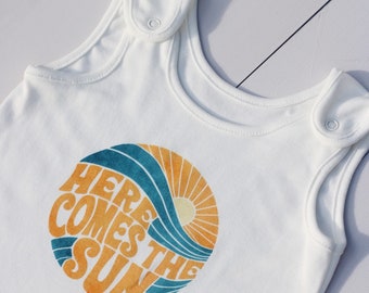 Here Comes The Sun Retro Romper Dungaree in White - Organic Cotton Gift for Newborns