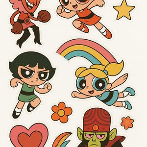 Powerpuff Inspired Sticker Sheet | 90s Cartoon Printable | Digital Download PNG & PDF | Retro Planner | Scrapbook Stickers