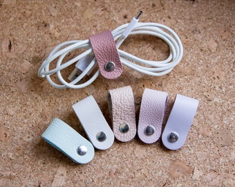 Cable holder earphone holder cord holder in upcycled leather pastel colors handmade artisanal