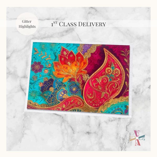 Pink, Blue and Gold Paisley Card, A6 Card with Glitter, Birthday Card, Diwali Card, Indian Wedding, Mehndi,  Desi Card, Sari design, Rakhi