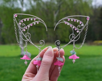 Elven ear cuffs with bell flowers, wire elf ears, fearie earrings, fairycore jewelry, fantasy ears, no piercing
