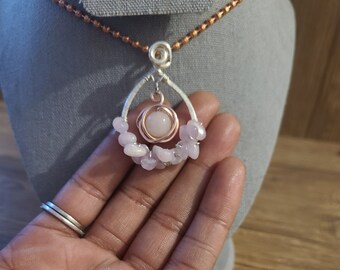 Rose Quartz and Kunzite Teardrop Necklace,Unique Necklace, Dangle Pendant,Healing Crystals, Heart Chakra, Copper Necklace