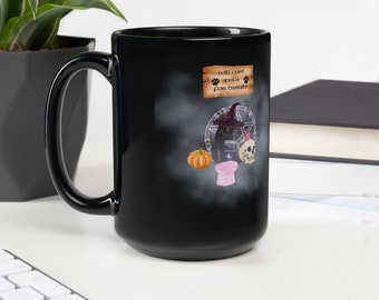 Zal spreuken uitspreken voor lekkernijen Zwarte kat koffiemok, Halloween-sfeer, kattenliefhebbers, theekopjes, grappige huisdieren