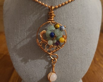 7 Chakra Tree of Life w/ Rose Quartz Necklace, Healing Copper Necklace, Wire Wrapped Pendant, Rose Quartz, Mini Tree of Life, Unique Pendant