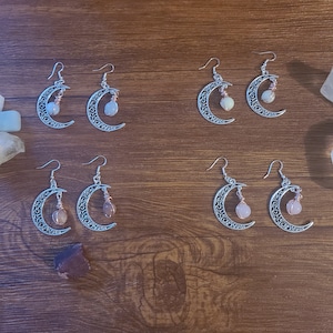 Crescent Moon Crystal Drop Earrings, Silver tone Dangle Earrings, Celestial Earrings, Cosmic Earrings, Cute Crystal Earrings