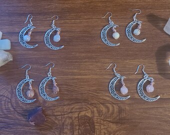 Crescent Moon Crystal Drop Earrings, Silver tone Dangle Earrings, Celestial Earrings, Cosmic Earrings, Cute Crystal Earrings