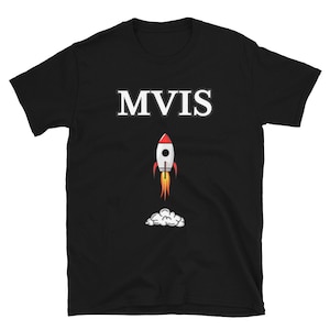 May include: Black t-shirt with white text that reads "MVIS" and a cartoon rocket ship with a cloud underneath it.