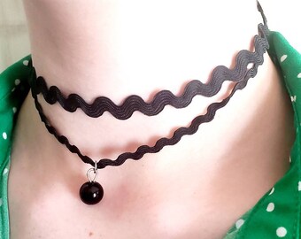 Wavy Choker | Black Choker with Bead Pendant | Double Layer Choker Necklace