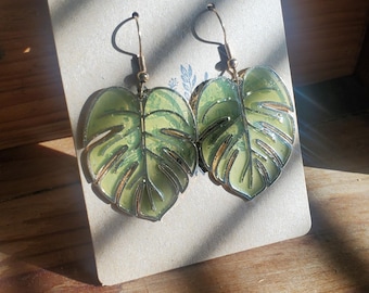 18K Gold Monstera Leaf Earrings | Dangling Leaf Cut Out Drop Earrings | Boho/Bohemian Tropical | Plant | Gifts for Her