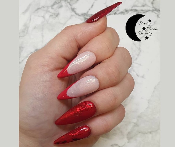 French Tip Press on Nails Medium Almond Fake Nails Full Cover Acrylic Nails  Wine Red False Nails with Glitter Design Glossy Glue on Nails Red  Artificial Nails Stick on Nails for Women