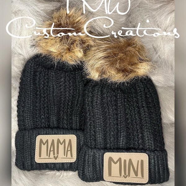 Mama and Mini hat set, pom pom stocking hat set, beanie set, personalized mama and mini set