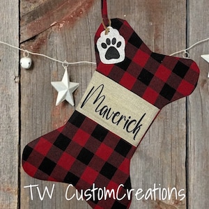 Personalized Plaid Bone Christmas Stocking, Personalized Dog Stocking