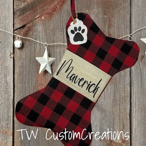 Personalized Plaid Bone Christmas Stocking, Personalized Dog Stocking