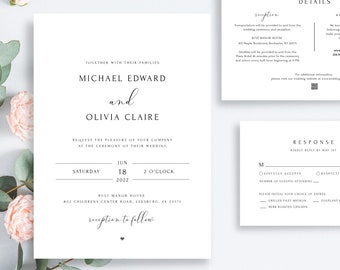 CLARA Minimalist Wedding Invitation Set, 100% Editable Printable Wedding Invites, Modern Wedding Invitation with RSVP Instant Download 1