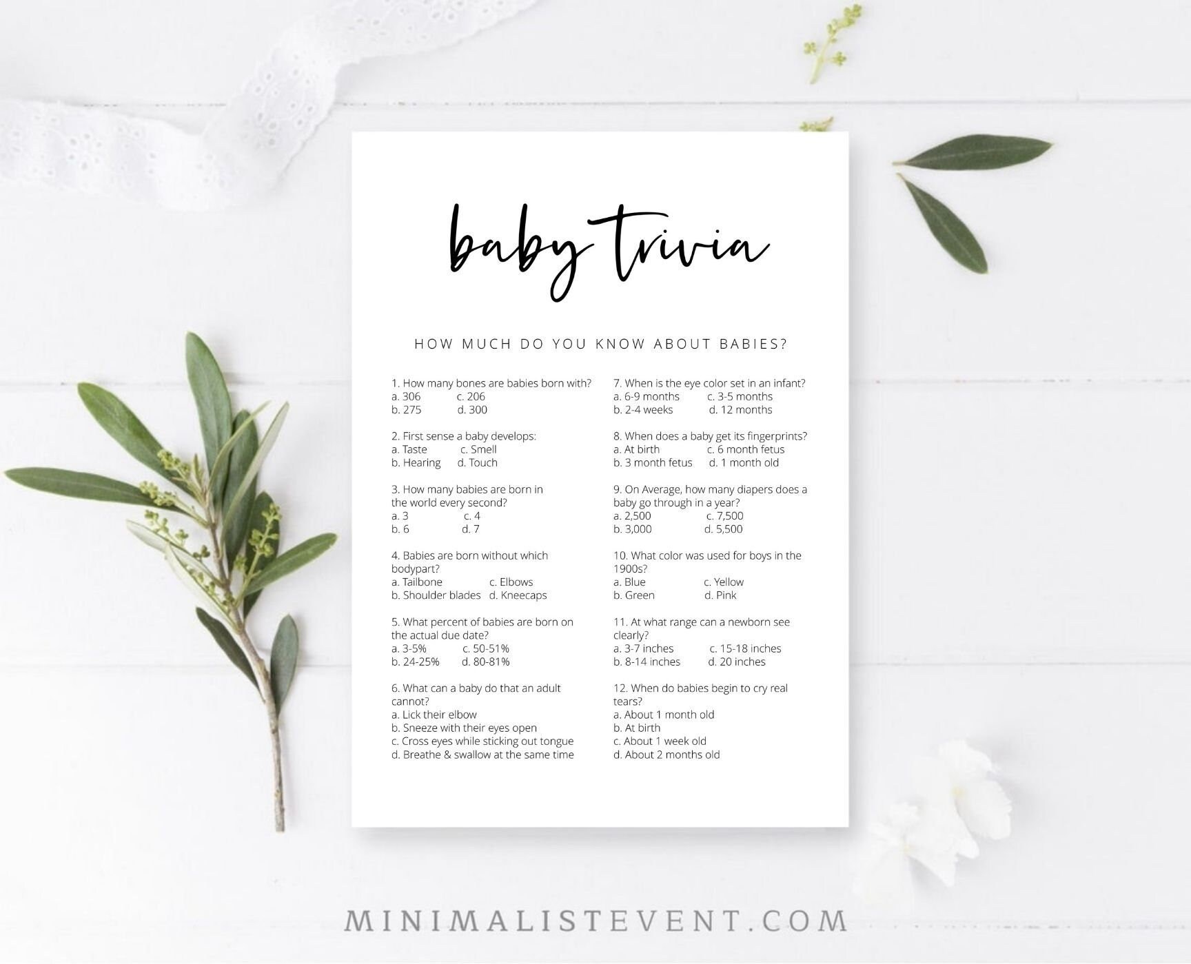 CARLY Baby Shower Trivia Printable, Baby Trivia Baby Shower Game