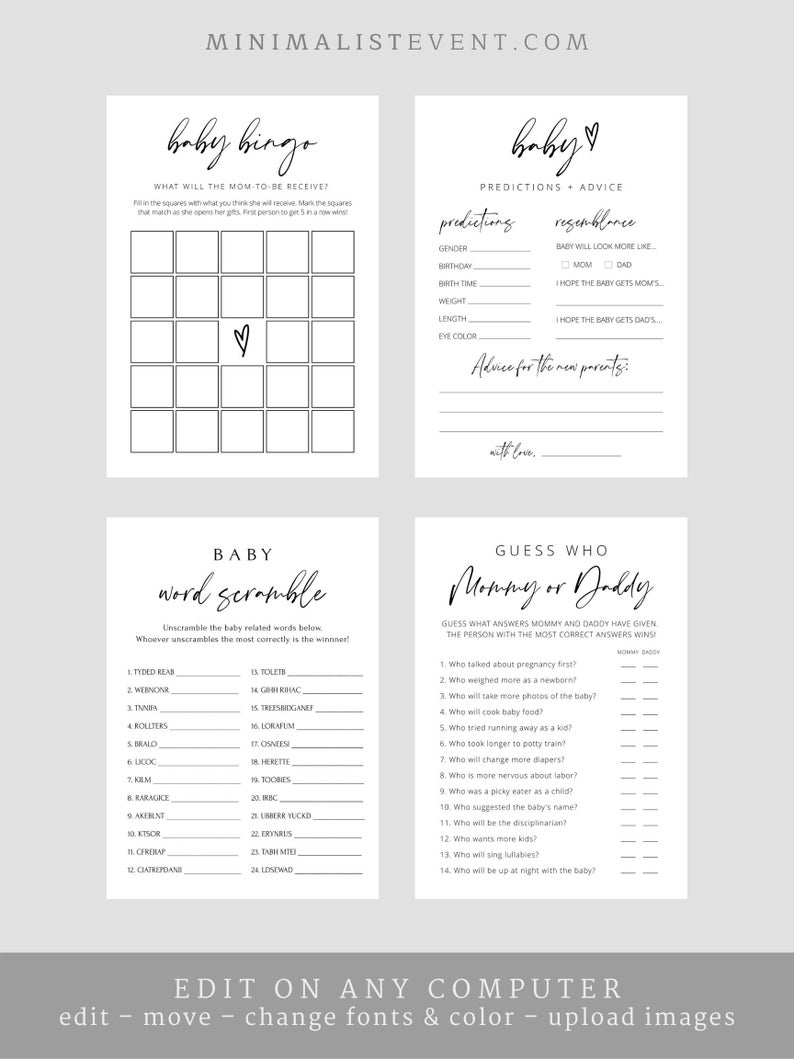 TARA Baby Shower Game Bundle, Printable Baby Shower Games Template