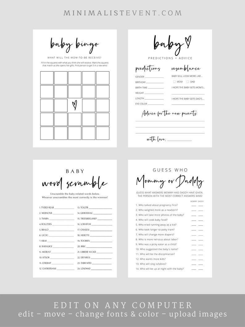 CARLY Baby Shower Game Bundle Printable Baby Shower Games Etsy