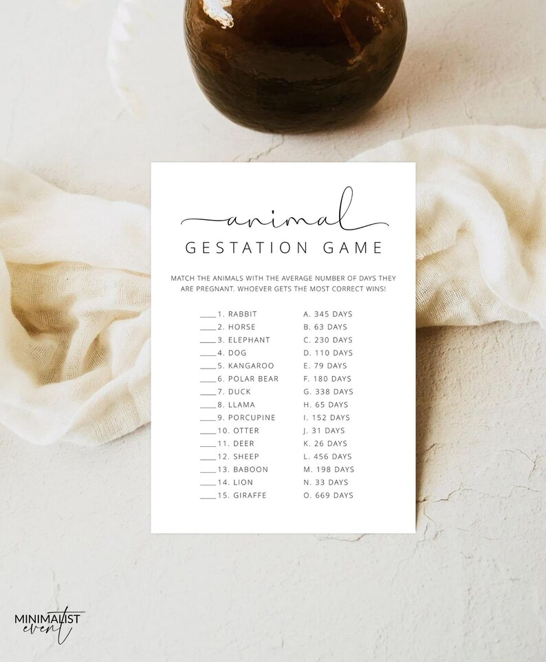 ELSA Animal Gestation Baby Shower Game, Baby Shower Game Template ...