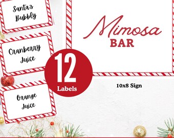 Kerstmimosabar bord en dranketiketten, vrolijk kerstmis mimosafeest, kerstfeest Mimosa Station, maretak- en mimosaversieringen