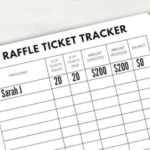 Pode incluir: Um papel branco intitulado "RAFFLE TICKET TRACKER" com texto preto. O rastreador inclui colunas para participante, bilhetes emitidos, bilhetes vendidos, valor esperado, valor recebido e saldo. A primeira entrada mostra "Sarah J" com 20 bilhetes emitidos, 20 vendidos, 200 € esperados, 200 € recebidos e um saldo de 0 €.