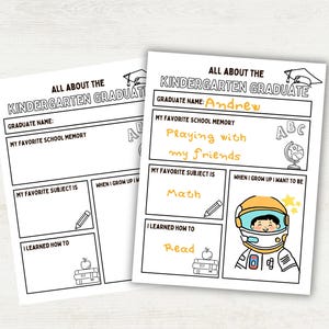 Kindergarten Graduation Questionnaire, Last Day of Kindergarten Interview, End of Year Kindergarten Activity, Kindergarten Grad Memory Page