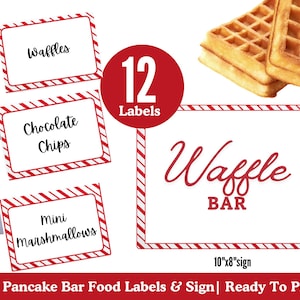 May include: A set of red and white striped food labels and a sign for a waffle bar. The labels read "Waffles", "Chocolate Chips", and "Mini Marshmallows". The sign is 10"x8" and says "Waffle Bar".