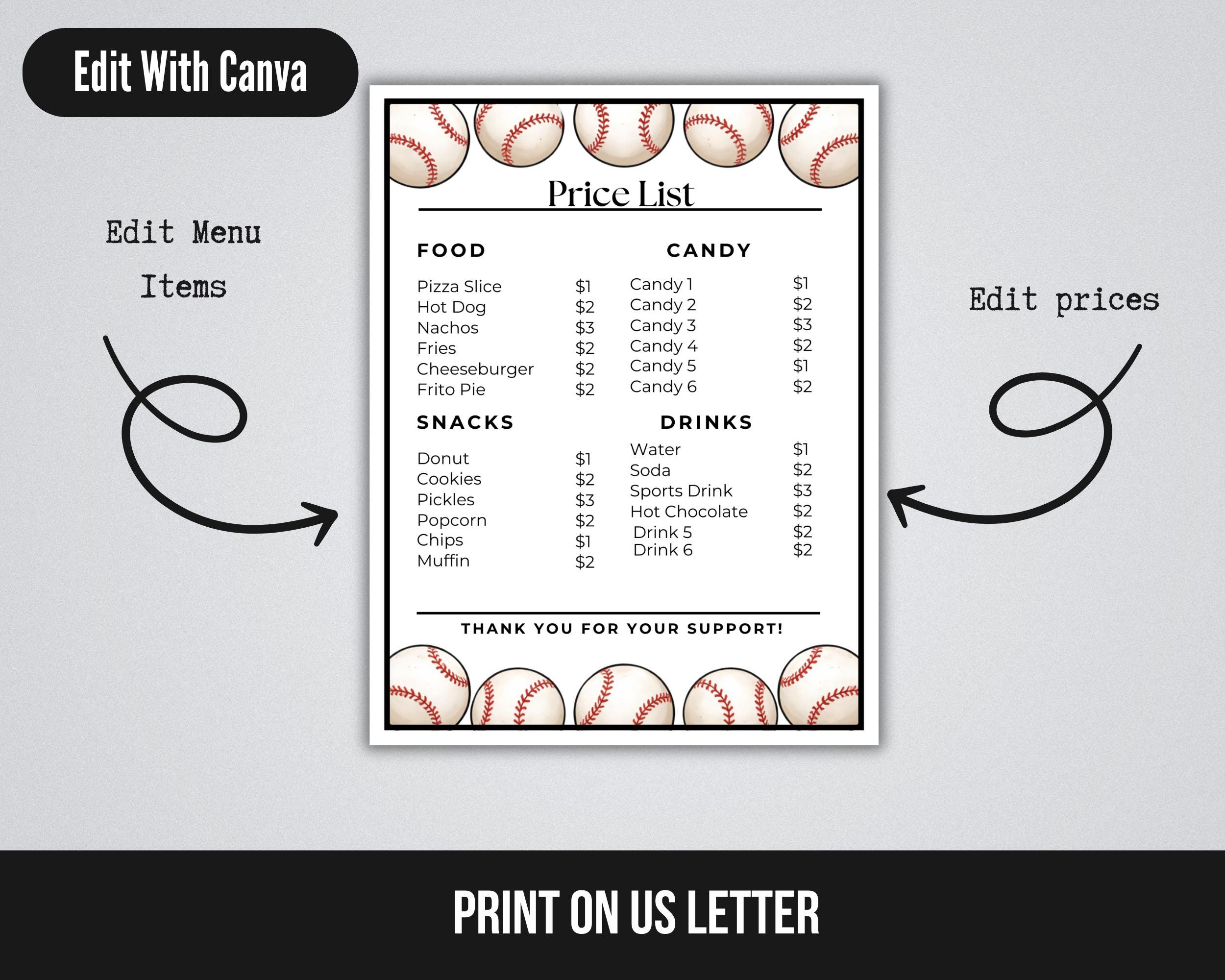 Editable Baseball Concession Stand Price List Menu, Baseball Concession ...