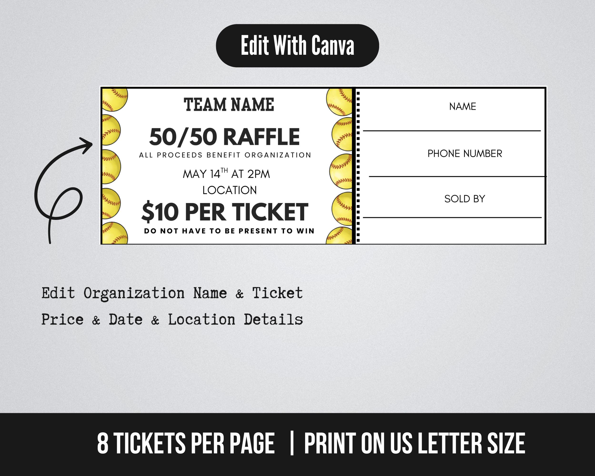 Support Our Team Raffle Editable Softball Fundraiser Raffle Ticket Template, Raffle Ticket for ...