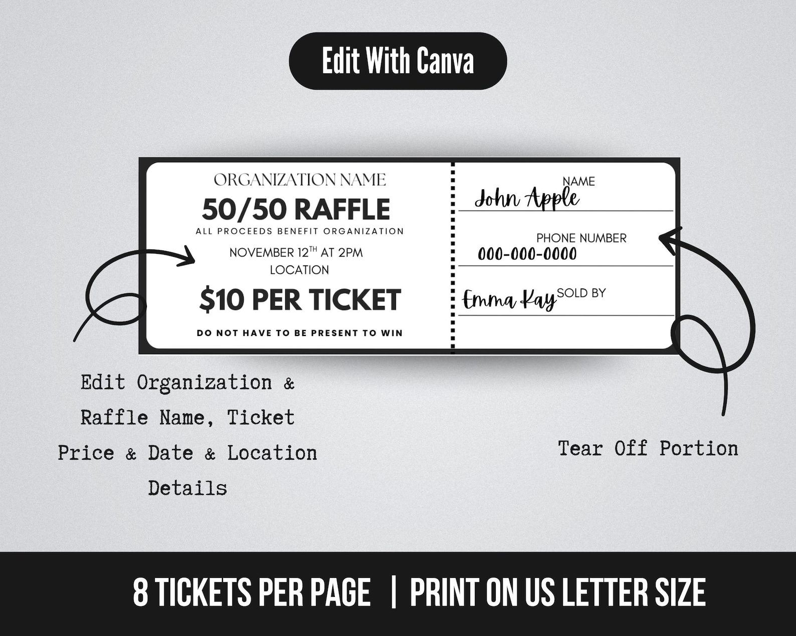 Pta Raffle Editable Fundraiser Raffle Ticket Template, 50/50 Raffle Fundraiser ...