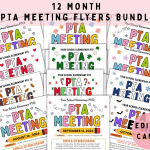 Pode incluir: Um pacote de 12 folhetos digitais para reuniões da PTA com o texto PTA MEETING em várias fontes coloridas e gráficos sazonais como corações, folhas, flocos de neve e lápis. Cada folheto inclui o cabeçalho Your School Elementary PTO.
