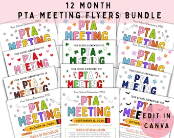 Plantilla editable para folleto de reuniones de la PTA (Asociación de Padres y Maestros) - Paquete de 12 meses, Anuncio de reunión mensual de la PTA de la escuela primaria, Primera reunión de padres