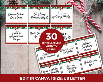May include: A collection of 30 editable advent activity cards with Christmas-themed prompts. Each card features a red border, green garland, and a bow. The cards include activities like "Decorate for Christmas" and "Watch a Christmas Movie."