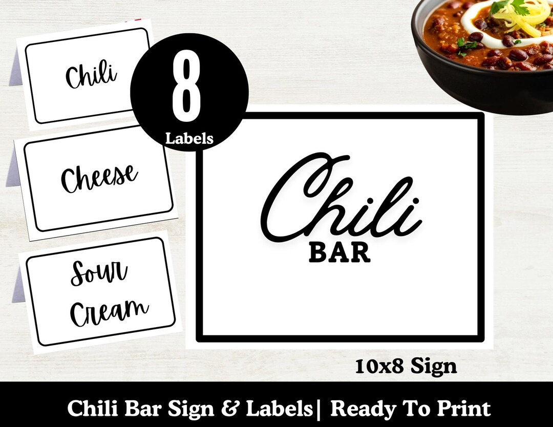Chili Bar Sign and Food Labels, Chili Station, Chili Topping Food Tents ...